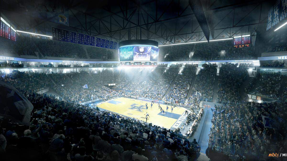 Proposed changes in Rupp Arena include an eight-sided video scoreboard over the basketball court. Upper-arena seats would have chair backs.