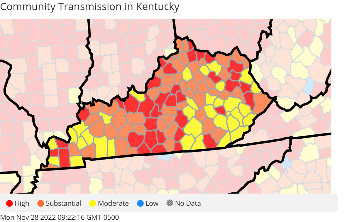 A map from the CDC showing high to substantial levels of COVID-19 transmission occurring across Kentucky. 