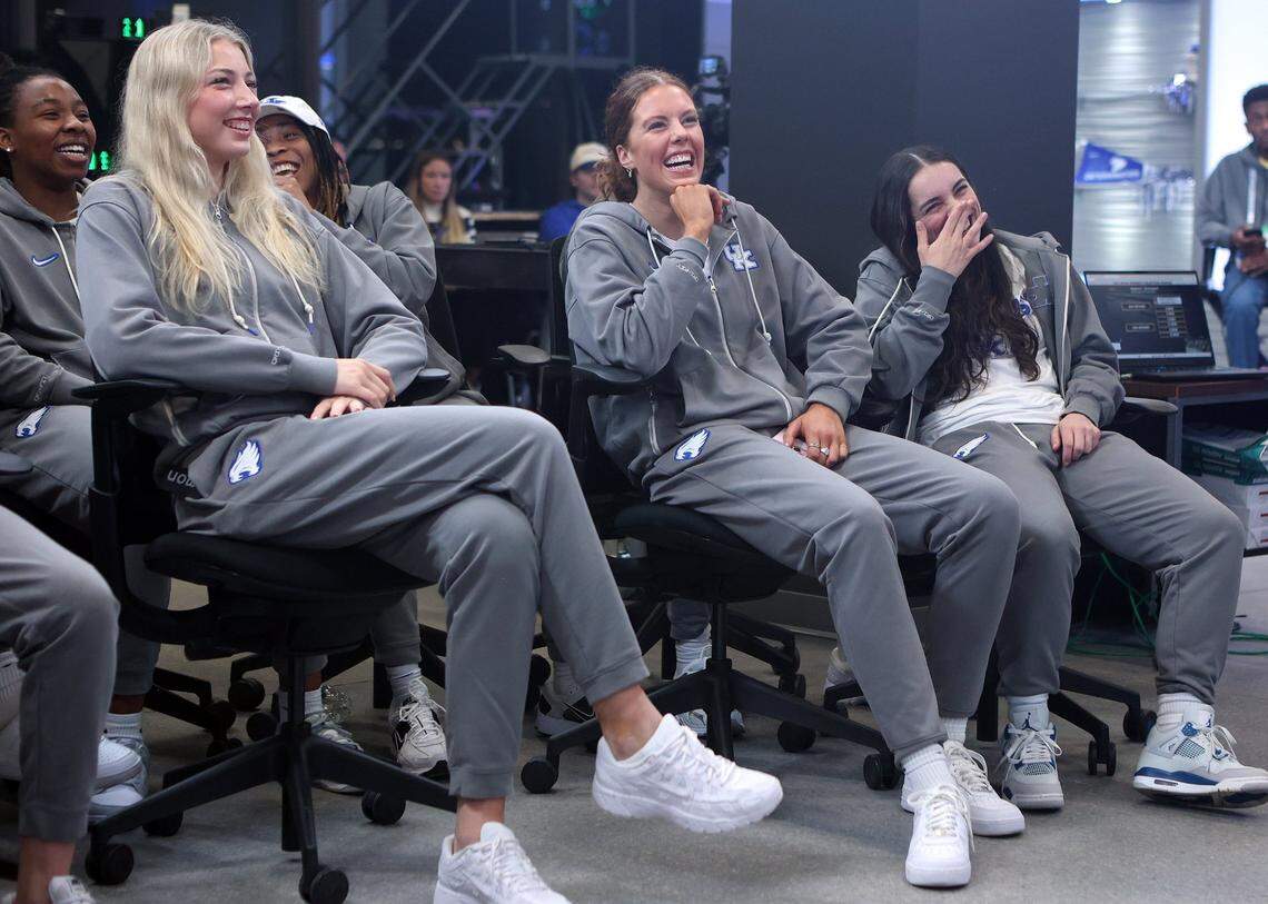 Clara Strack, Amelia Hassett and Georgia Amoore enjoy gathering with teammates for Kentucky’s NCAA Selection Sunday watch party at Rupp Arena. The Wildcats will face Liberty in the round of 64 at noon Friday in Memorial Coliseum.
