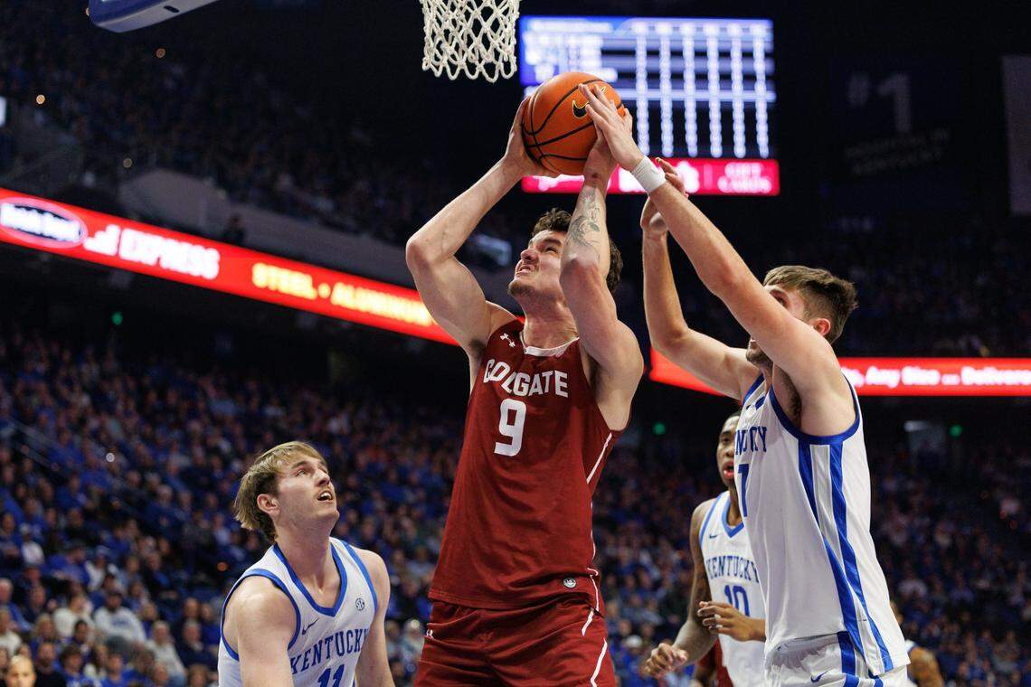 Dec 11, 2024; Lexington, Kentucky, USA; Colgate Raiders forward Cameron Brennan (9) goes to the basket during the first half against the Kentucky Wildcats at Rupp Arena at Central Bank Center. Mandatory Credit: Jordan Prather-Imagn Images