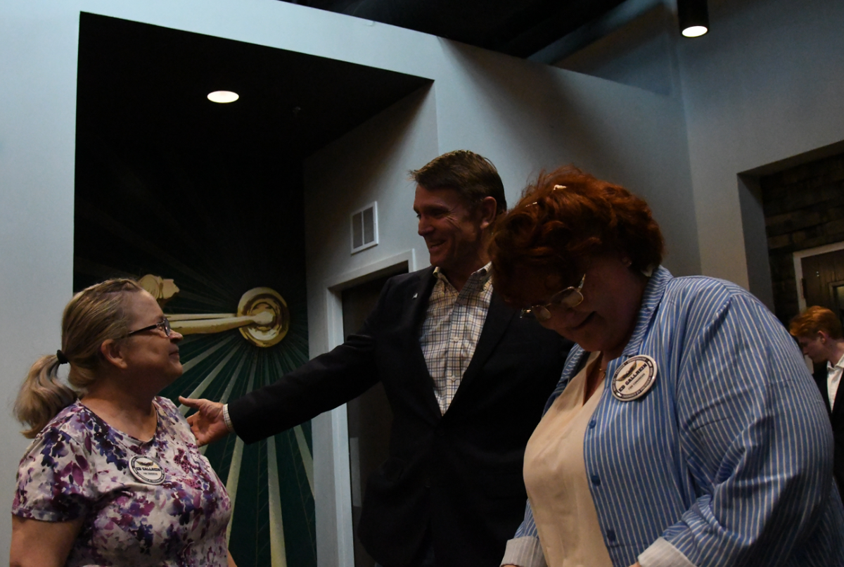Ed Gallrein hugs supporters, including Julie Hoagland (right), minutes before they learned he won the Republican nomination for Kentucky’s 4th Congressional District on Tuesday, May 19, 2026, at Wenzel Distillery in Covington, Ky.