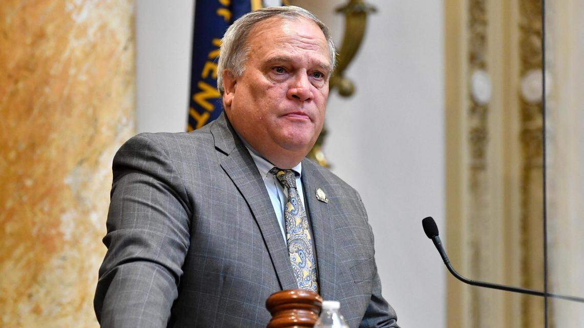 Kentucky Senate President Robert Stivers looks out over the Senate body during the opening day of the Kentucky General Assembly’s special session in Frankfort, Ky., Tuesday, Sept. 7, 2021.