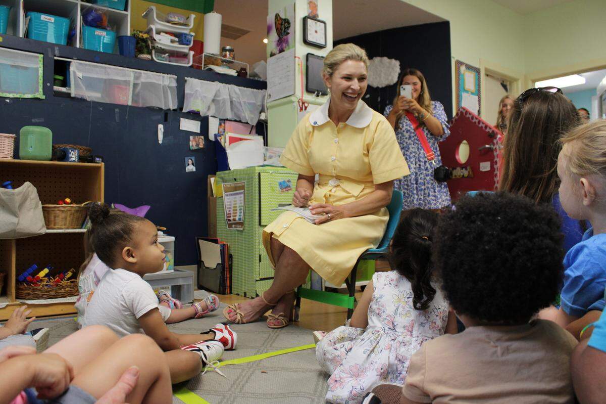 First lady Britainy Beshear finishes reading the book “I Can Do Hard Things” to children at The Nest on June 5, 2024 in Lexington, Kentucky.