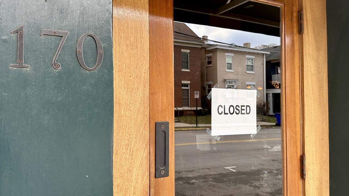 A closed sign on the front door of The Goose Lexington, located at 170 Jefferson St., Thursday, Feb. 26, 2026 in Lexington, Ky.
