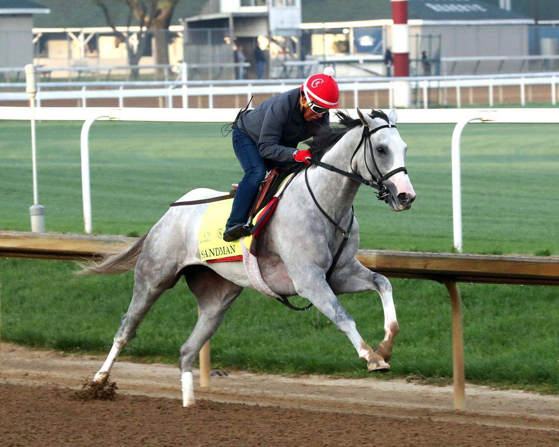 Kentucky Derby hopeful Sandman works out at Churchill Downs in Louisville on April 23. Sandman is the 6-1 third choice on the morning line for Saturday’s 151st Run for the Roses.