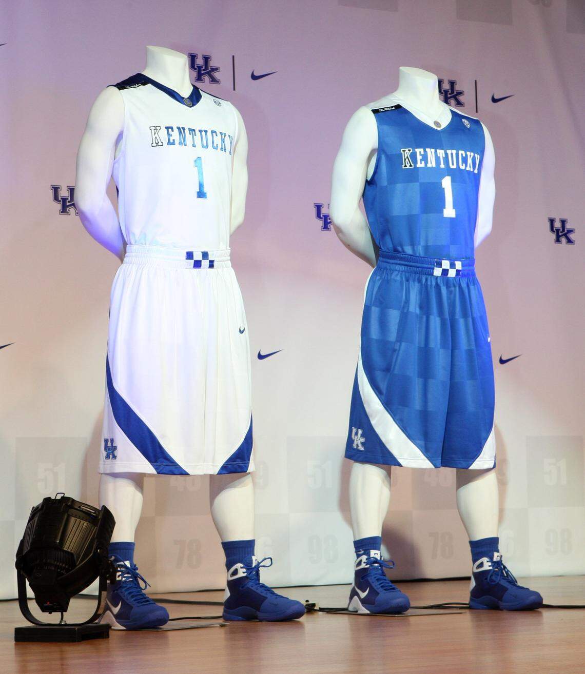 The ode to Secretariat uniforms were unveiled at Keeneland in October 2008 with Secretariat’s owner Penny Chenery in attendance. The checker pattern appeared in the weave of the blues and the whites and was also carried by eight squares on the belt line.