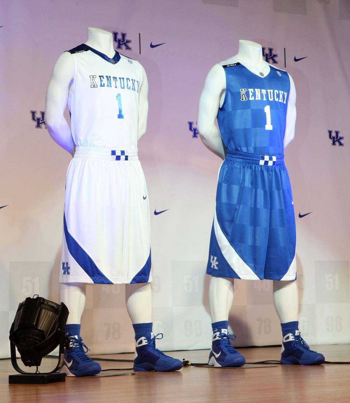 The ode to Secretariat uniforms were unveiled at Keeneland in October 2008 with Secretariat’s owner Penny Chenery in attendance. The checker pattern appeared in the weave of the blues and the whites and was also carried by eight squares on the belt line.