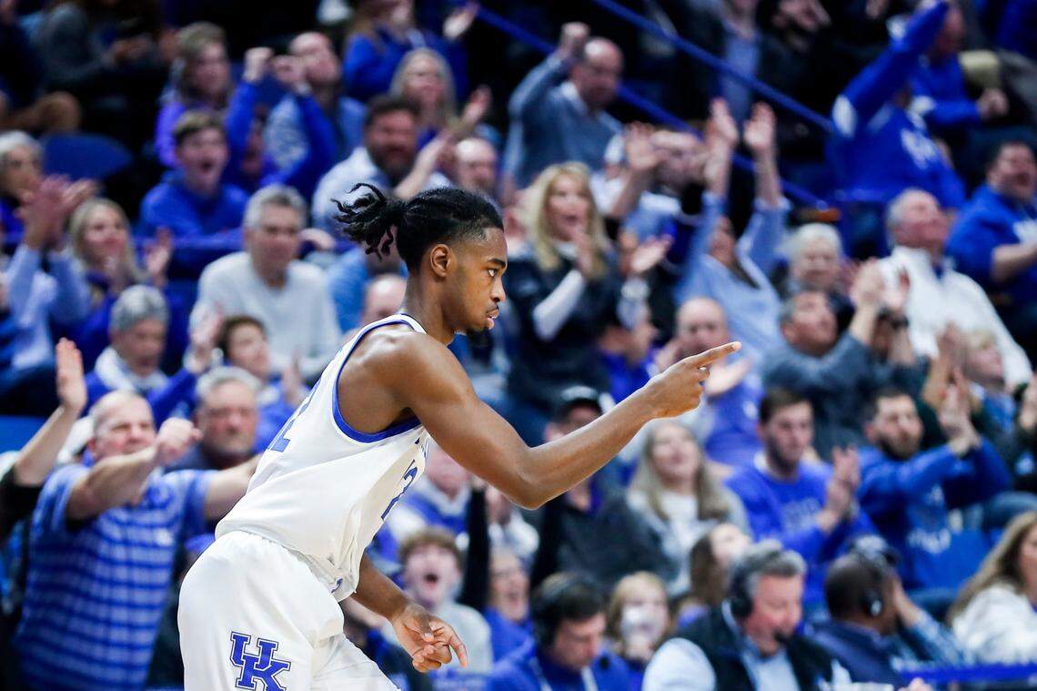 Kentucky’s Antonio Reeves celebrates after connecting on a three-point shot against Texas A&M on Saturday at Rupp Arena.
