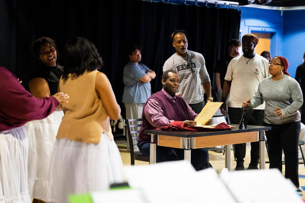 Sanctuary Road principal artist Michael Preacely, rehearses alongside the rest of the cast on Saturday, March 1, 2025.