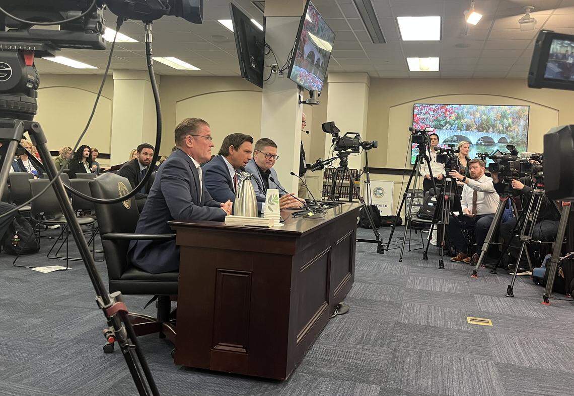 Florida Gov. Ron DeSantis testifies at a House committee meeting alongside Rep. Jason Petrie, R-Elkton, and Loren Enns, director of State campaigns for the Balanced Budget Amendment Task Force.