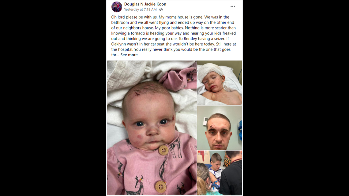 A family taking shelter in Dawson Springs, Kentucky was sucked out of the bathroom by a tornado.