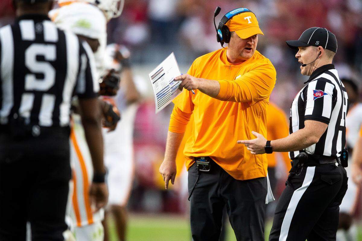 Tennessee head coach Josh Heupel argues with an official during a football game between Tennessee and Alabama at Bryant-Denny Stadium in Tuscaloosa, Ala., on Saturday, Oct. 21, 2023.