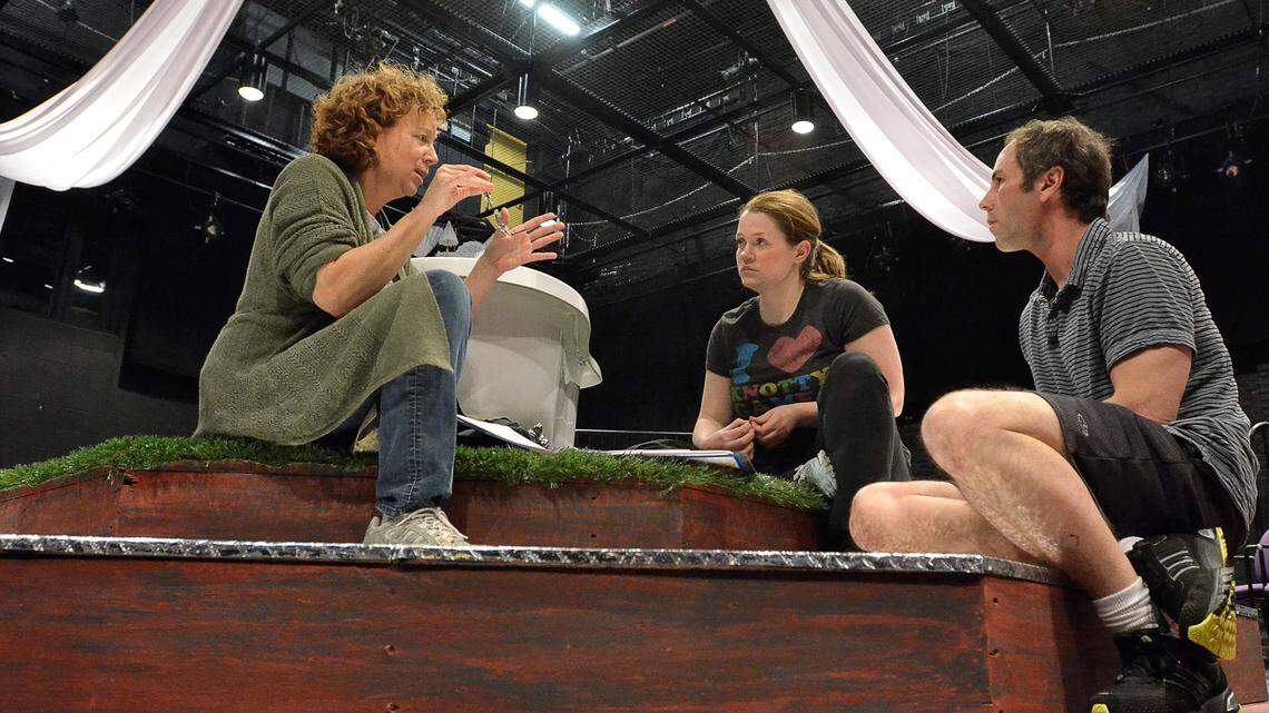 Director Sullivan Canaday White, left, talked to actors Ellie Clark and Tim Hull during a Big Love rehearsal last week.