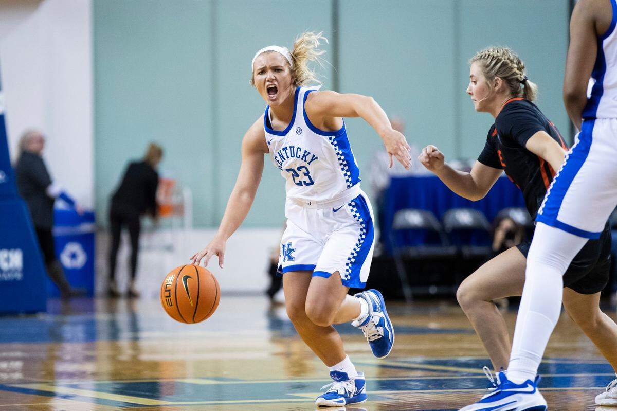 Kentucky freshman Cassidy Rowe (23) dribbles the ball against Pikeville during an exhibition game at Memorial Coliseum on Nov. 2, 2022.