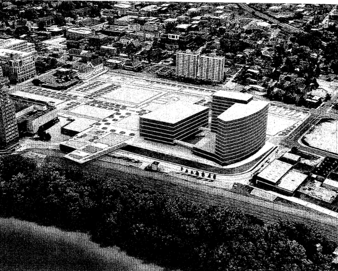 A rendering shared via email of the potential new campuses for Northern Kentucky University’s Chase College of Law and University of Kentucky College of Medicine-Northern Kentucky Campus on the Central Covington Riverfront site.