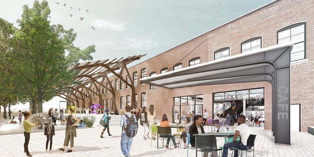 A rendering of outdoor space at the Reynolds Building, which will be renamed as the Gray Design Building, at the University of Kentucky. A $5.25 million donation from Gray, Inc., will go towards completing renovations of the building, which will house the UK College of Design.