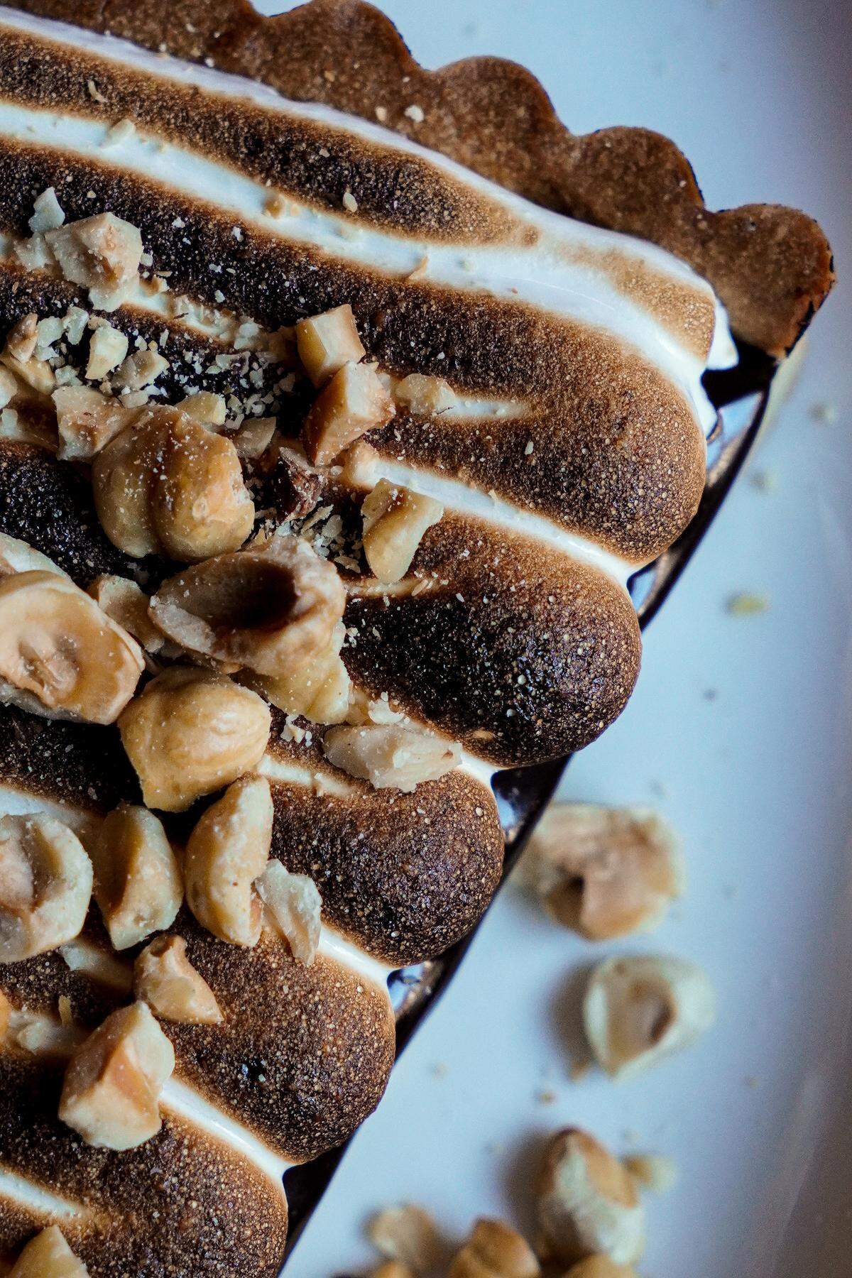 Chocolate tart topped with a meringue and hazelnuts ($14) at Silk’s Steakhouse located inside The Aldenberg Hotel in Versailles, Ky.
