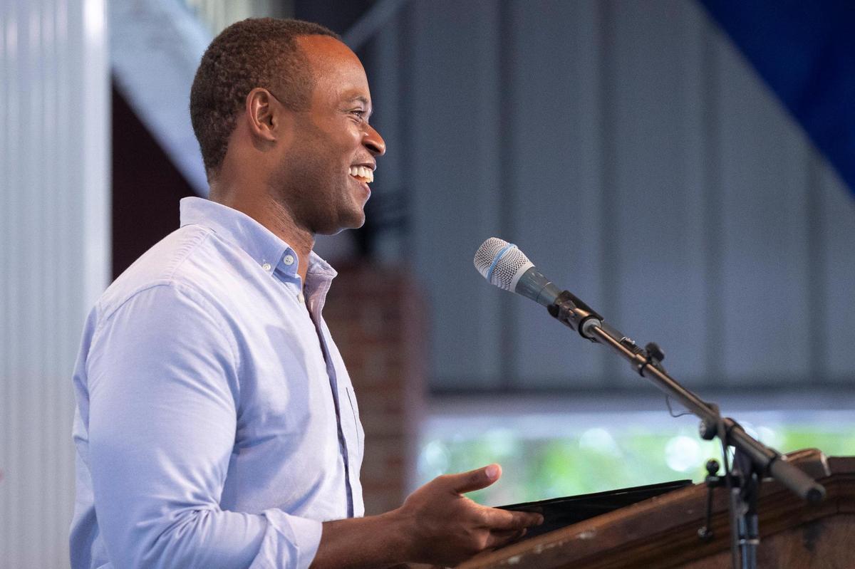 Kentucky Attorney General and Republican nominee for governor Daniel Cameron speaks at the annual St. Jerome Fancy Farm Picnic in Fancy Farm, Ky., on Saturday, Aug. 5, 2023.