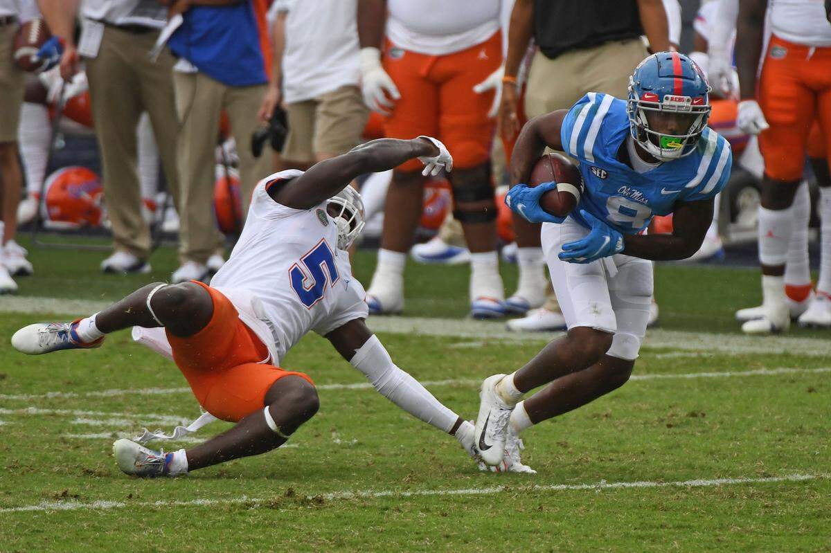 Mississippi wide receiver Elijah Moore (8) caught 10 passes for 227 yards against Florida. It was the most receiving yards ever accumulated by an Ole Miss player in an SEC game.