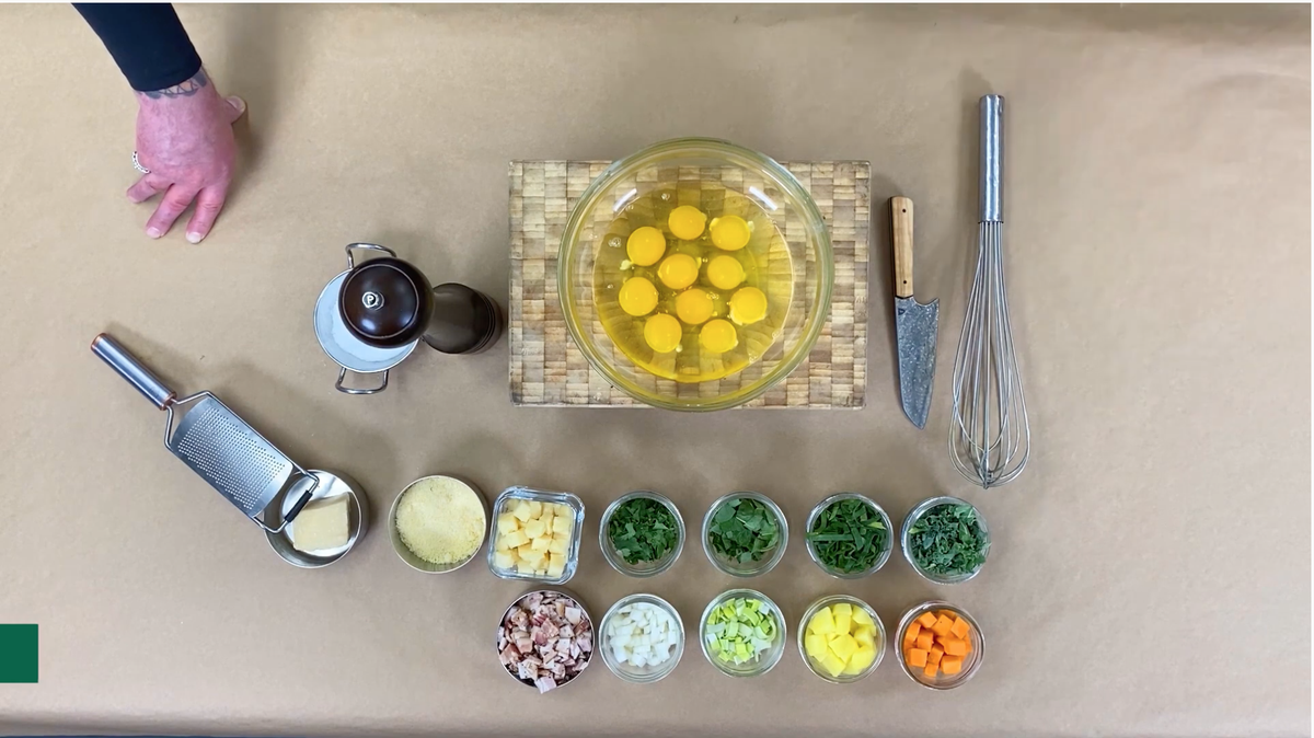 Each Black Soil meal kit includes fresh ingredients to make a meal for four people. The skillet frittata comes with eggs, bacon, veggies and fresh herbs.