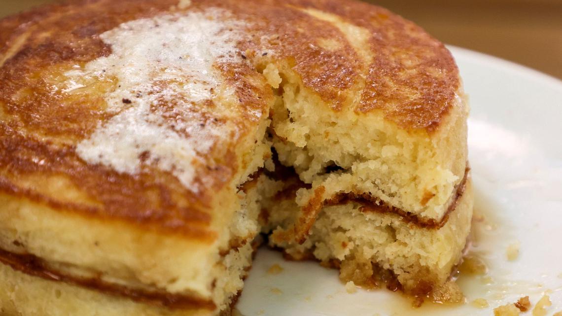 The Buttermilk Pancakes at Beau’s Cafe look dense and filling but in fact are light and fluffy on the inside. 