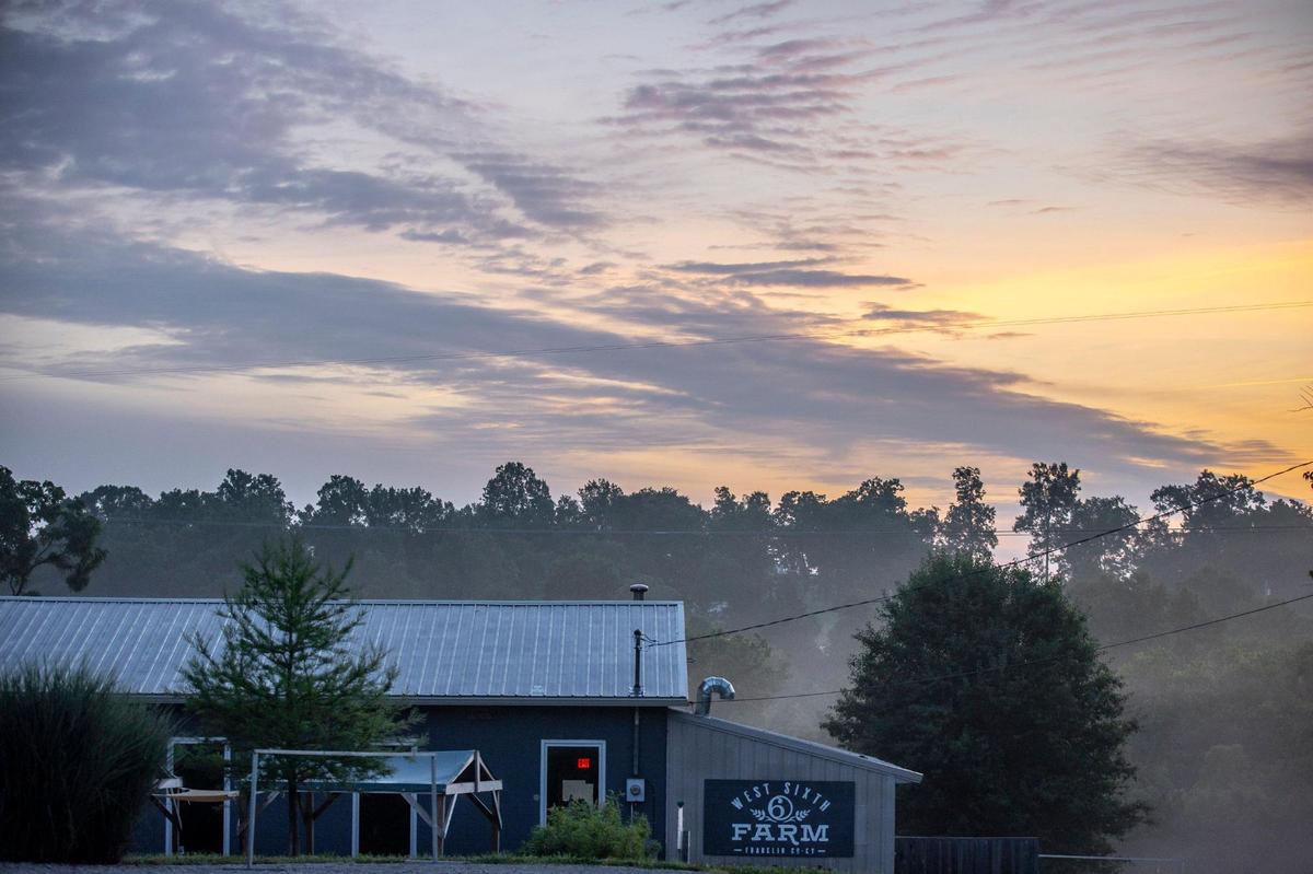 The West Sixth Farm taproom in Frankfurt, Ky., opens out onto a pavilion with picnic tables that overlook the hop yard and orchard.