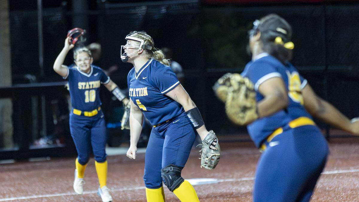 Bryan Station’s Karsyn Rockvoan, center, celebrates the final strikeout of her game against Franklin County in the 11th Region Softball Tournament semifinals at George Rogers Clark High School on Thursday in Winchester.