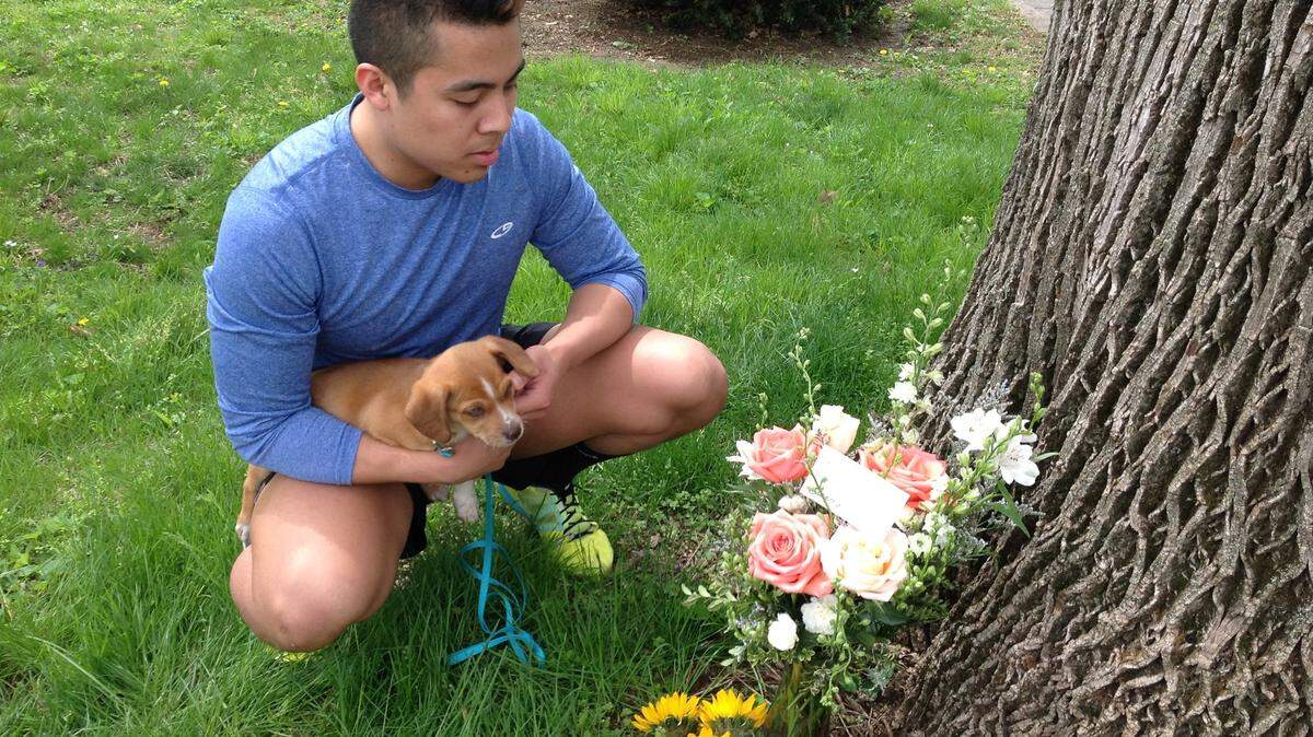 University of Kentucky student Gil Bagang paused with his puppy Saturday at a makeshift floral memorial near the site where UK student Jonathan Krueger was slain.