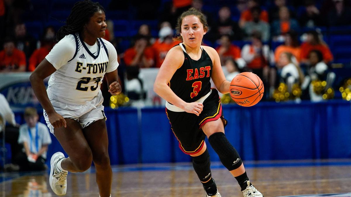 Bullitt East’s Emily Ezell (3) pushed forward during the Chargers win over Elizabethtown 66-52 at Rupp Arena in the first round of the Mingua Beef Jerky/KHSAA Girls Sweet Sixteen on Wednesday, March 11, 2020.