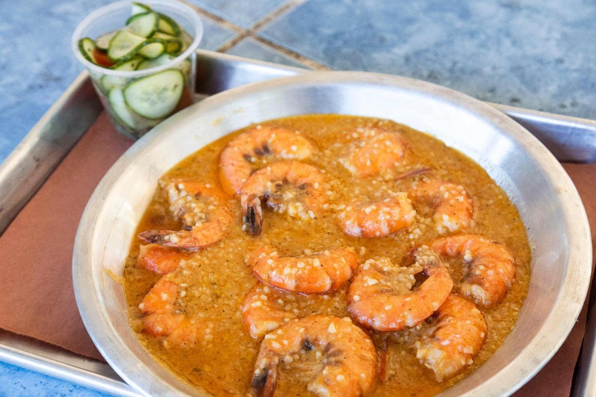 The barbecue shrimp from Proud Mary BBQ, which specializes in seafood and barbecue.
