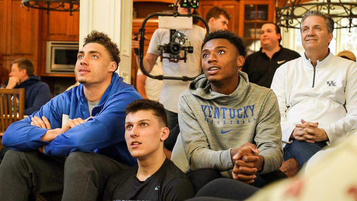 Kentucky’s Reid Travis, left, watched the NCAA Tournament Selection Show on Sunday. The graduate transfer from Stanford never played in the NCAA Tournament with the Cardinal, so Kentucky’s round-of-64 matchup with Abilene Christian will be his first game in the Big Dance.