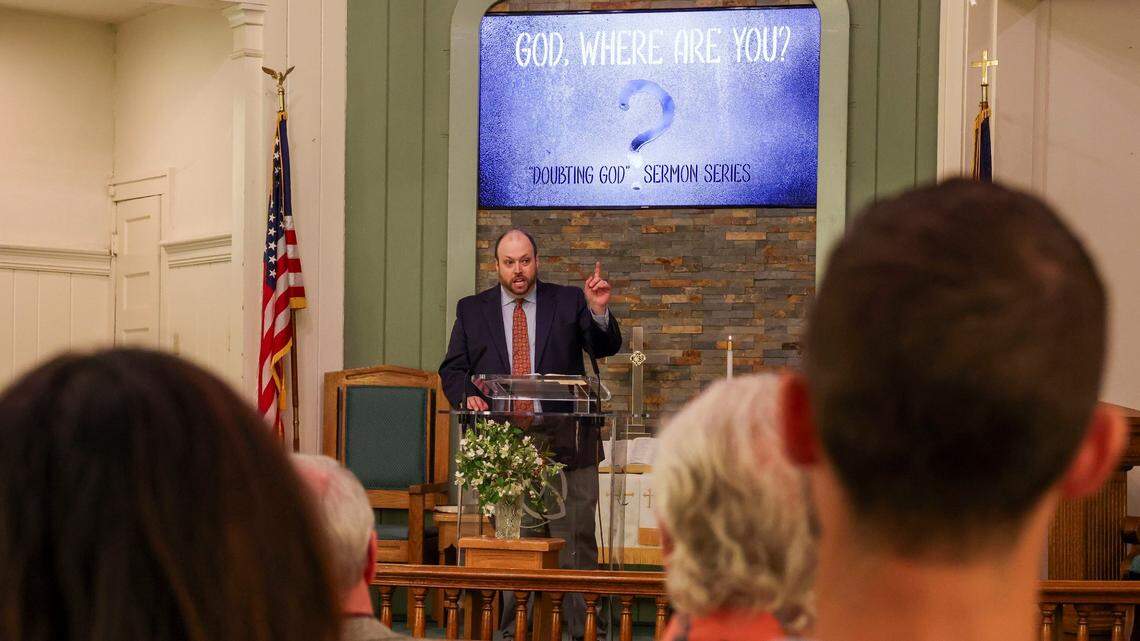First United Methodist Church Senior Pastor Sean Ryan gives a sermon in the downtown London, Ky. Church during services, Sunday, May 18, 2025. Two days earlier, a deadly tornado ripped through the Southern Kentucky city destroying many homes.