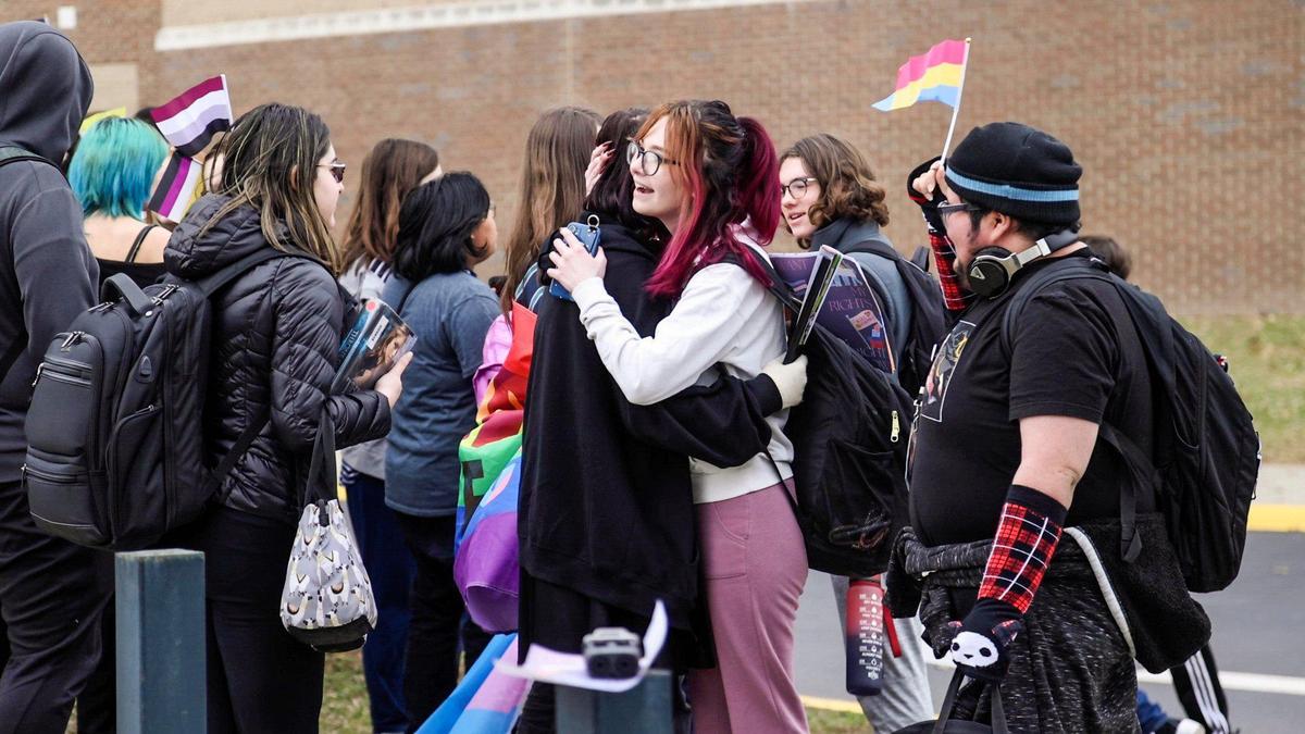 Students of Paul Laurence Dunbar High School stage a school-wide walkout Friday morning to protest anti-transgender and anti-LGTBQ bills moving through the Kentucky General Assembly, February 24, 2023.