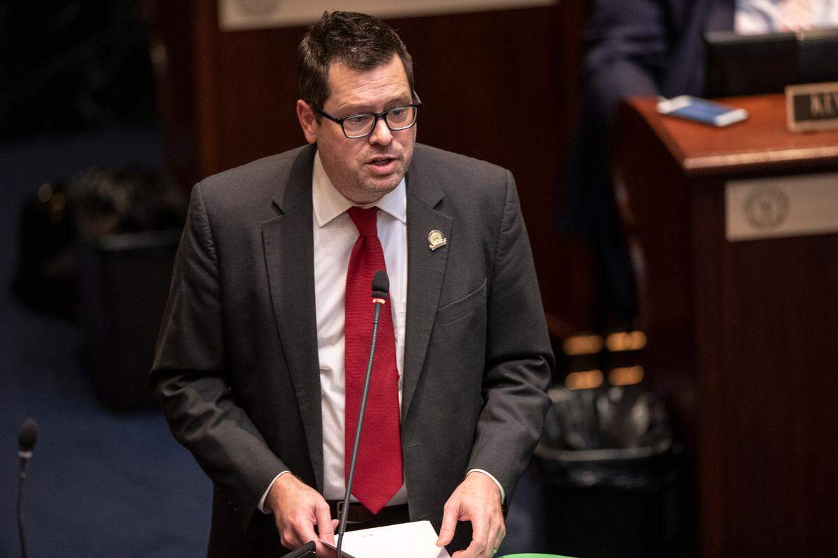 Kentucky state Rep. Steven Rudy, R-Paducah, speaks during the second day for the 2021 legislative session at the Kentucky state Capitol in Frankfort, Ky., Wednesday, Jan. 6, 2021.