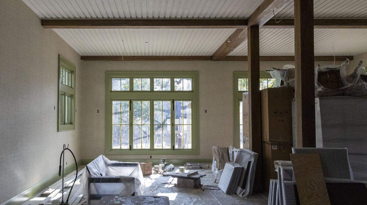 The newly built main dining room of Millstone, photographed Thursday, Sept. 26, 2025, in Lexington, Ky., includes five sets of accordion-style windows that can open up. Owner Tyler Murray said Millstone will open at the end of October or early November with dinner only and then quickly transition to also having lunch service in a couple of weeks to capitalize on the downtown workers.