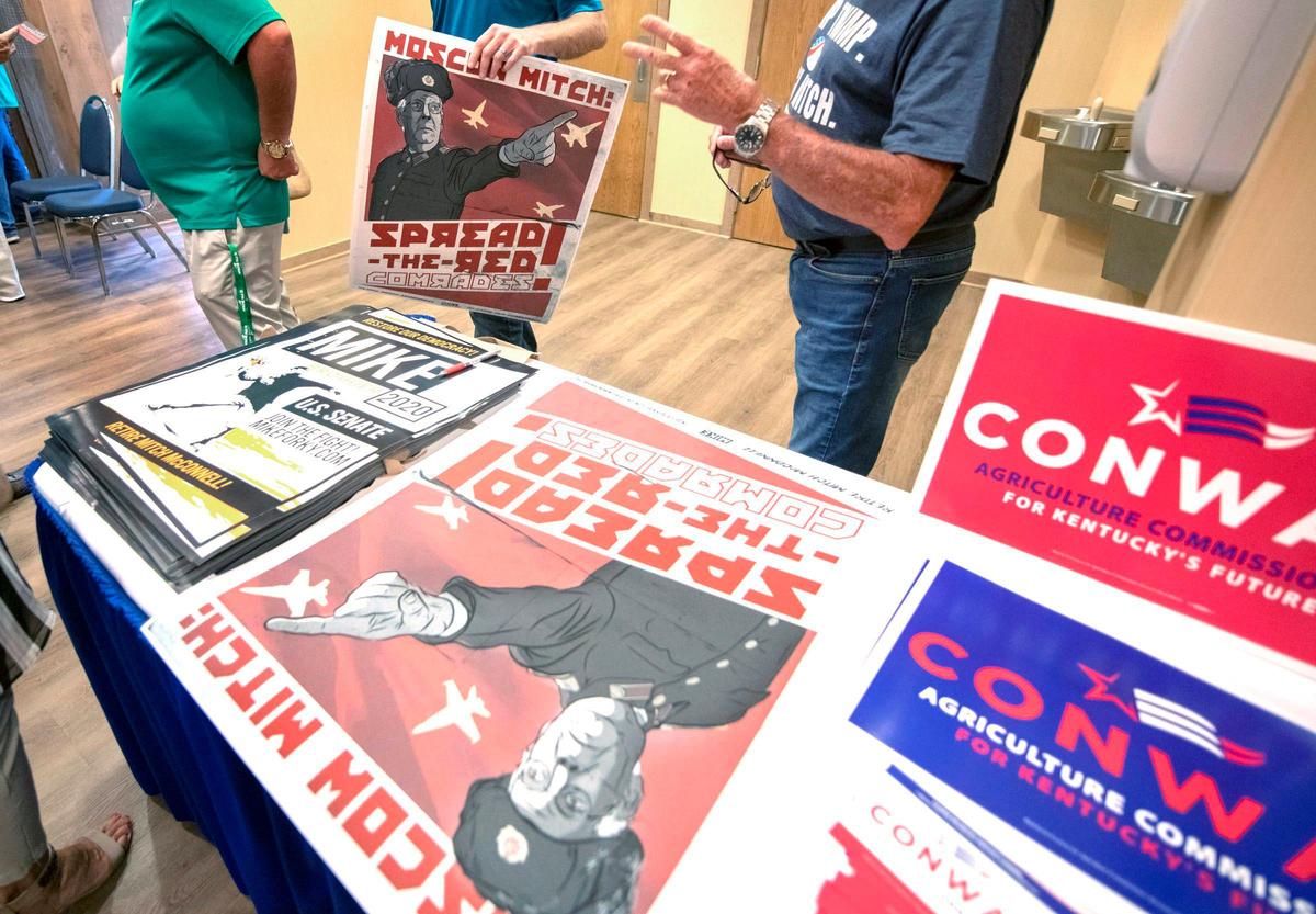 “Moscow Mitch” posters were available Friday, August 2, 2019, during the Democrats’ pre-Fancy Farm Democrats Bean Supper in Gilbertsville, KY.