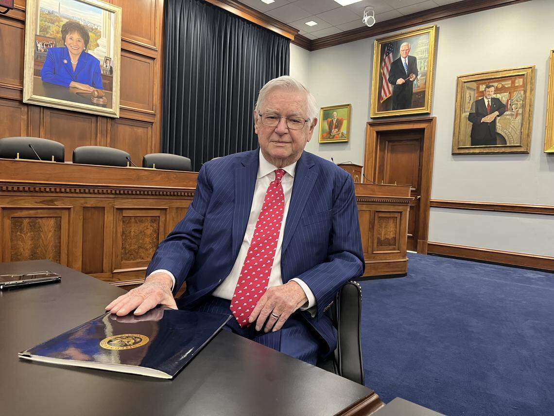 Rep. Hal Rogers is pictured in the House Committee on Appropriations hearing room with his portrait hanging in the background