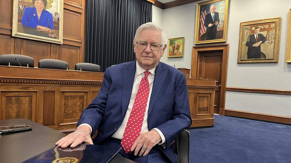 Rep. Hal Rogers is pictured in the House Committee on Appropriations hearing room with his portrait hanging in the background