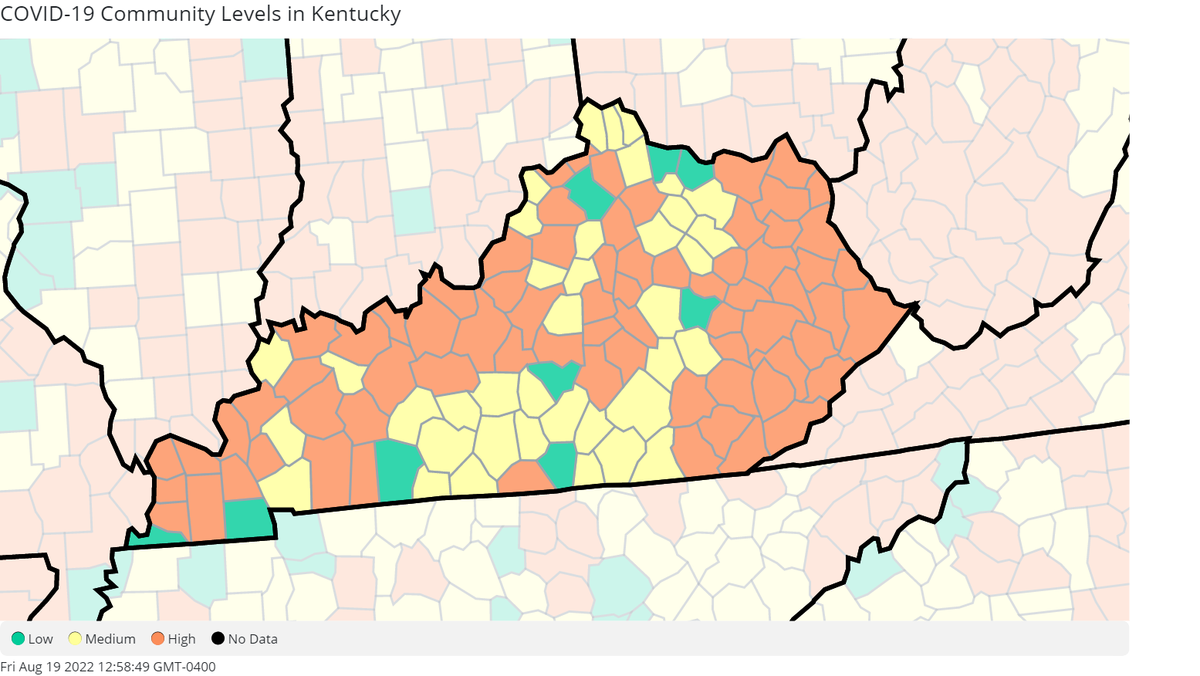 Kentucky's COVID-19 Community Levels, per the U.S. Centers for Disease Control and Prevention as of Aug. 18, 2022. 