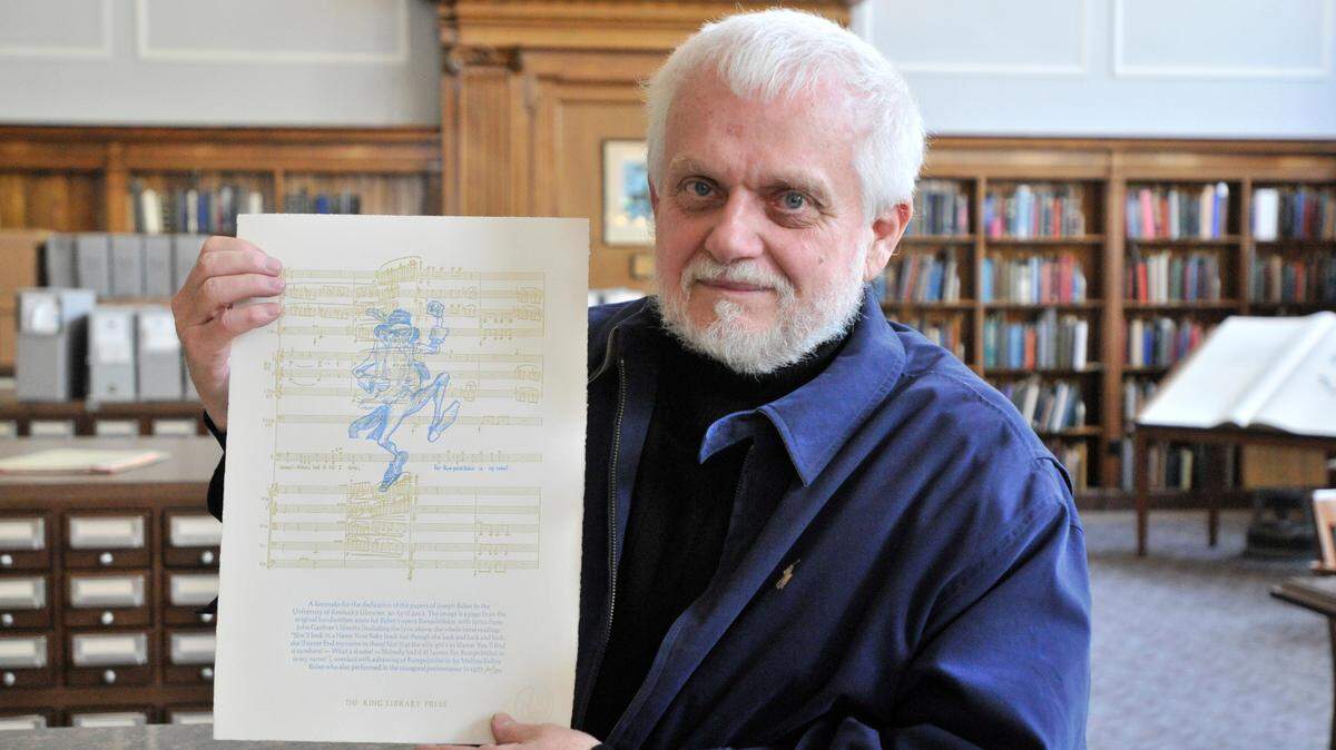King Library Press created this piece of art in honor of the dedication of Joseph Baber's papers to UK Library Special Collections. The caricature of Rumpelstiltskin was created by Baber's ex-wife, Melissa Kelley Baber, for the premiere of the opera.    