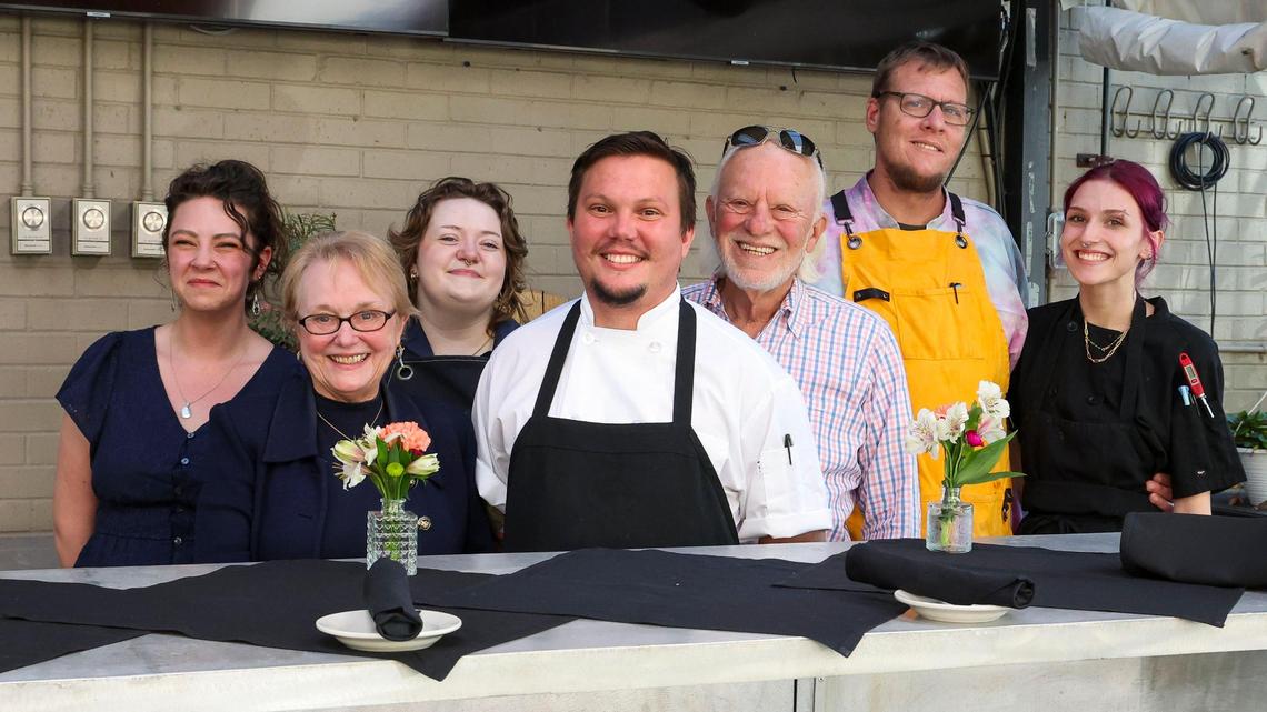 The staff at Azur Restaurant and Patio, shown Monday, May 20, 2025 in Lexington, Ky. From left, General Manager Taylor Huston, co-owner Sylvia Lovely, Bar Manager Gale Eakins, Head Chef Nathan Vazquez, co-owner Bernie Lovely, Chef Otter Pirozzi and Chef Luciana Mcalister.