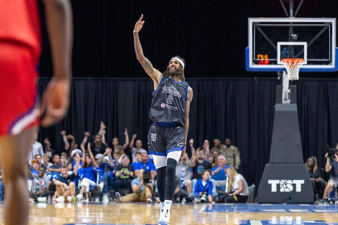 Willie Cauley-Stein celebrates a 3-point shot during the TBT last year in Rupp Arena.