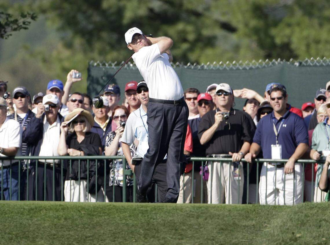 J.B. Holmes hits his drive during a practice round prior to the 2008 Ryder Cup at Valhalla Golf Club in Louisville. Holmes last won on the PGA Tour in 2019.