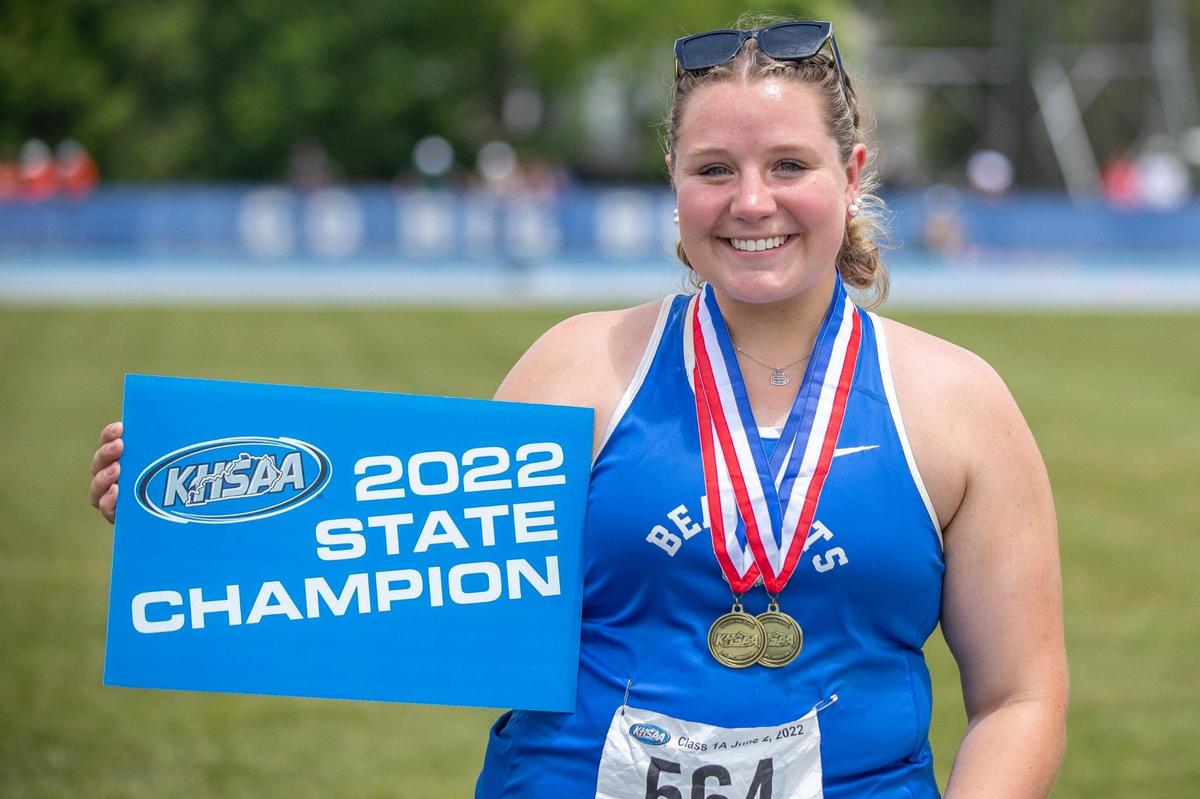 Maggie Buerger of Walton-Verona broke an 11-year-old state meet record in the discus on Thursday.
