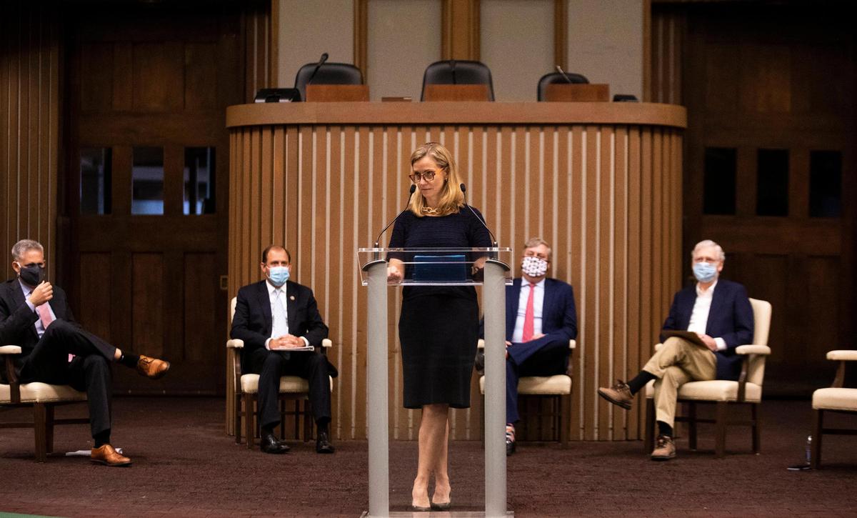 Keeneland President & CEO-Elect Shannon Arvin speaks during a press conference announcing the Horseracing Integrity and Safety Act at Keeneland in Lexington, Ky., Monday, August 31, 2020.