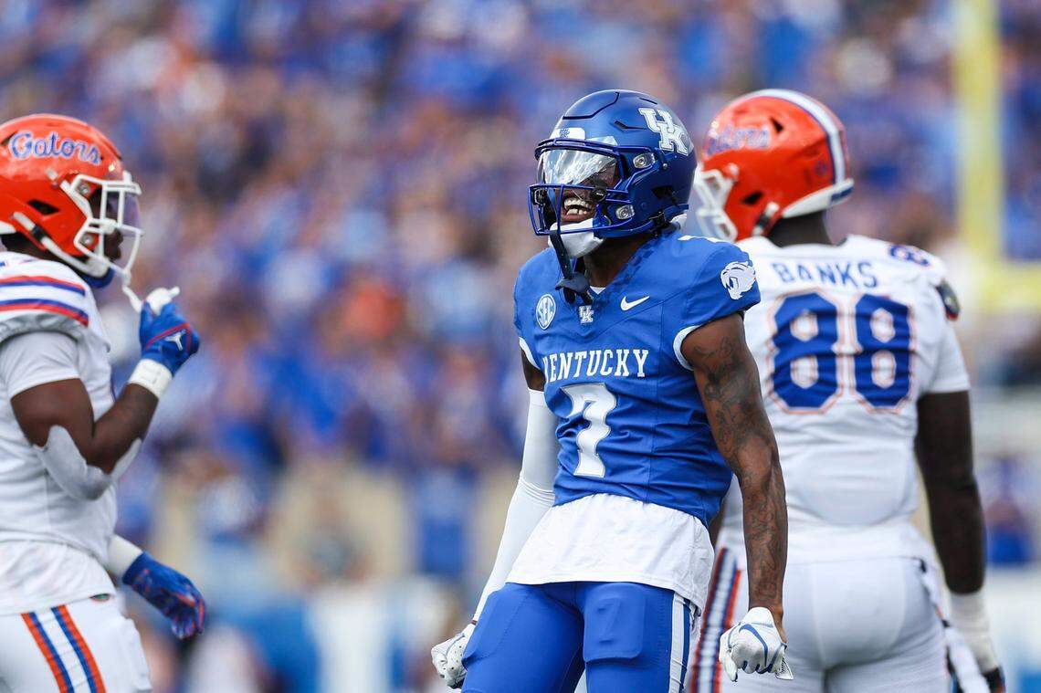 Kentucky wide receiver Barion Brown (7) celebrates a catch against Florida during Saturday’s game at Kroger Field.