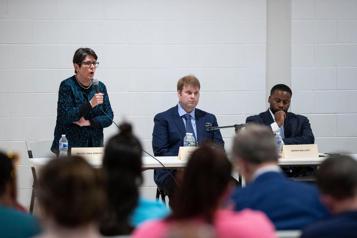 Incumbent Lexington Mayor Linda Gorton answers questions along side her opponents David Kloiber and Adrian Wallace during a forum for mayoral and county attorney candidates at the Lyric Theatre in Lexington, Ky., Thursday, April 21, 2022.