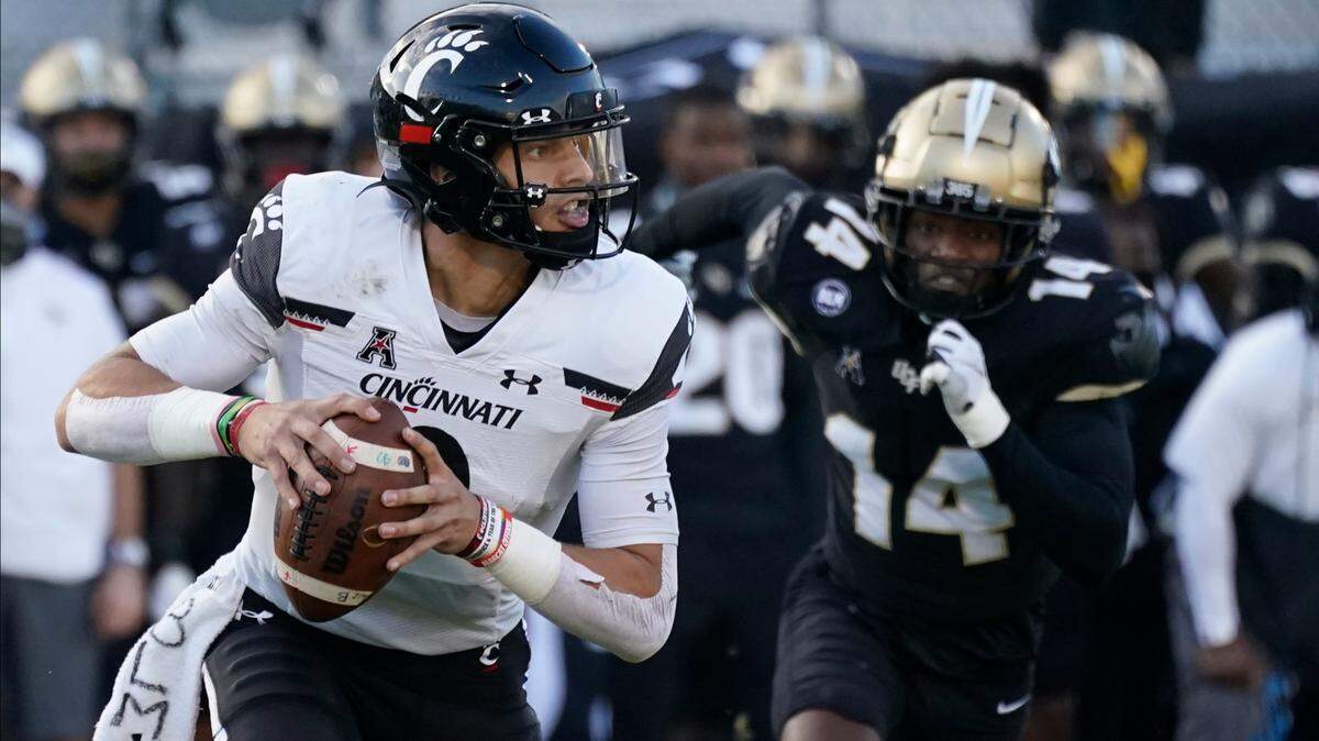 Cincinnati quarterback Desmond Ridder and the No. 7 Bearcats play at No. 9 Notre Dame on Saturday, Oct. 2, 2021.
