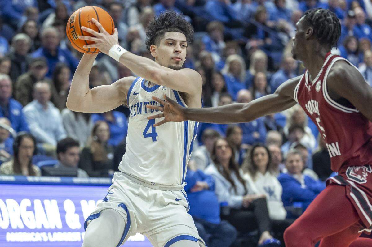Kentucky super-senior Koby Brea (4) played the best all-around game of his UK career to date in the Wildcats’ 80-57 pounding of South Carolina on Saturday. He had 10 points, five rebounds, six assists and a steal.