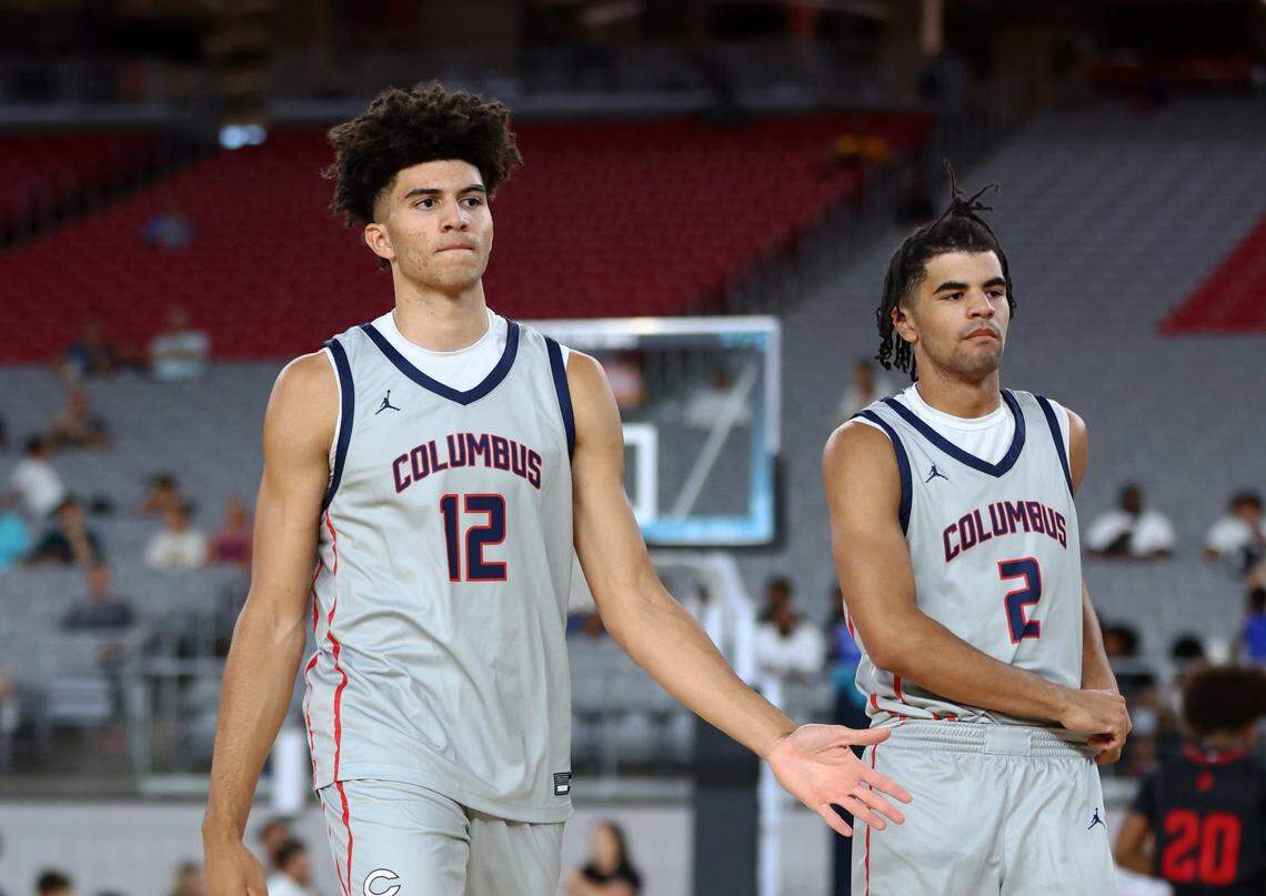 Jun 24, 2023; Glendale, AZ, USA; Columbus player Cameron Boozer (12) and brother Cayden Boozer (2) during the Section 7 high school boys tournament at State Farm Stadium. Mandatory Credit: Mark J. Rebilas-USA TODAY Sports